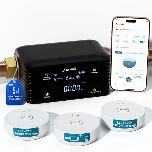 Frizzlife LPG365-3S – Monitor Inteligente de Agua con 3 Sensores de Fuga y Cierre Automático