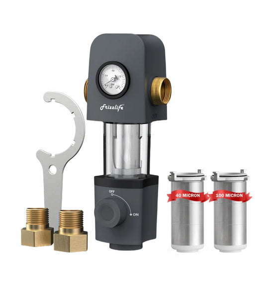 Frizzlife JG40-100 – Filtro de Sedimentos Giratorio 40 y 100 Micrones con Manómetro para Toda la Casa