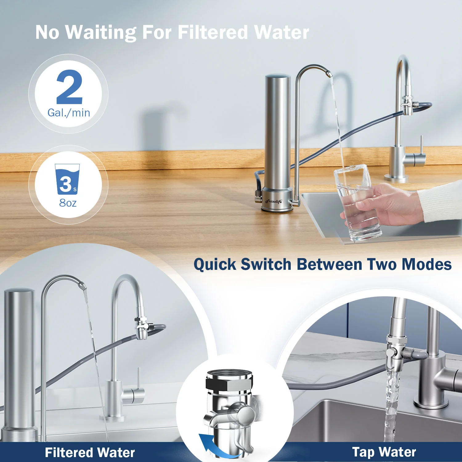 Purificador de Agua Frizzlife SS99 – Acero Inoxidable con Filtración en 4 Etapas