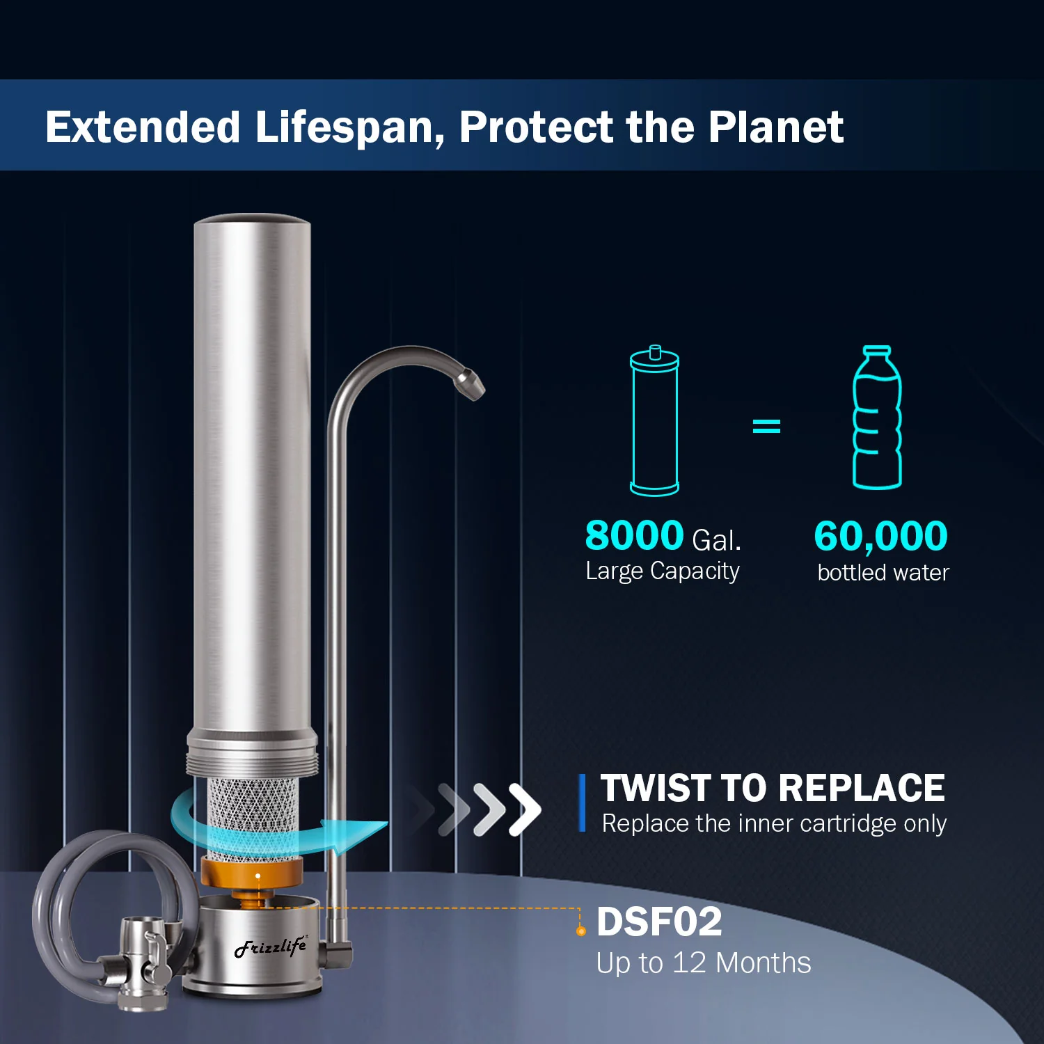 Purificador de Agua Frizzlife SS99 – Acero Inoxidable con Filtración en 4 Etapas