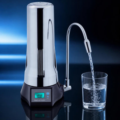 Digipure 9000S llenando un vaso de agua purificada